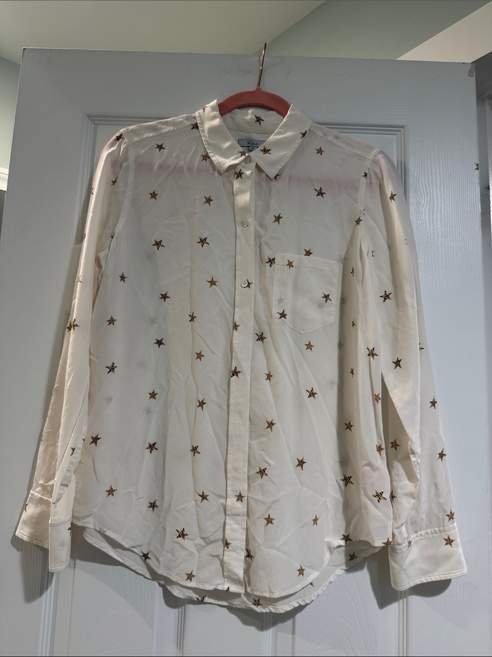 Rails Cream Button-Down Silk Shirt with Gold Star Motif